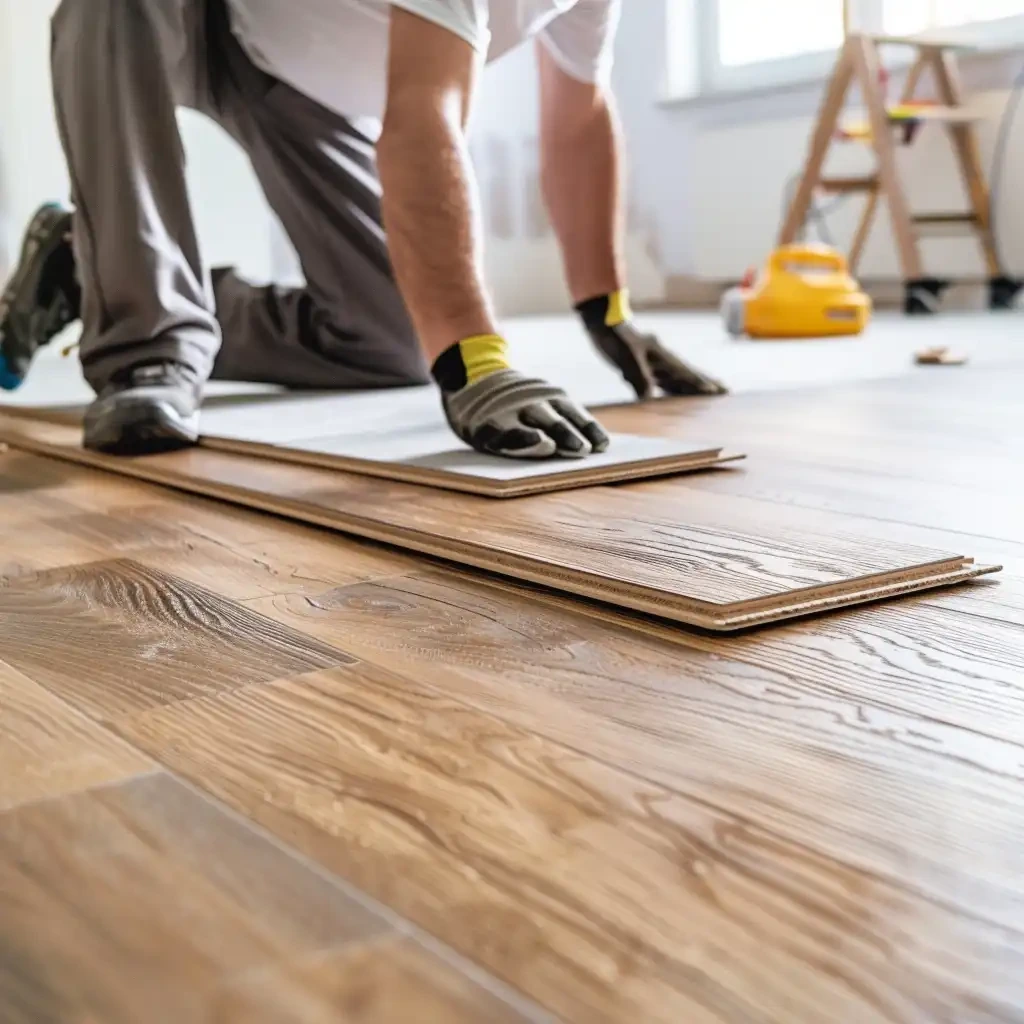 Installer clicking a wood-look plank into place