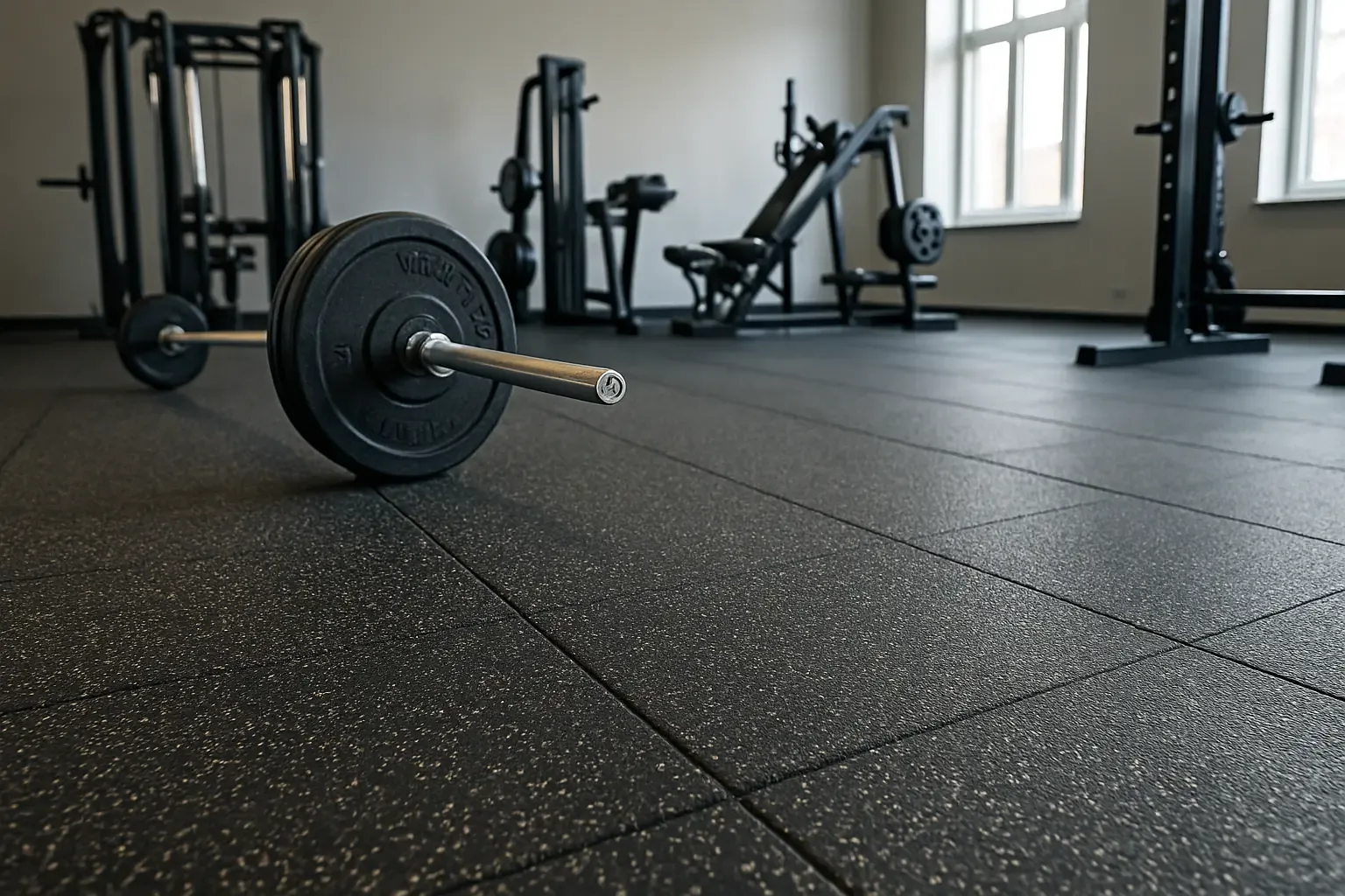 Home gym with black rubber floor tiles, a barbell and weight machines