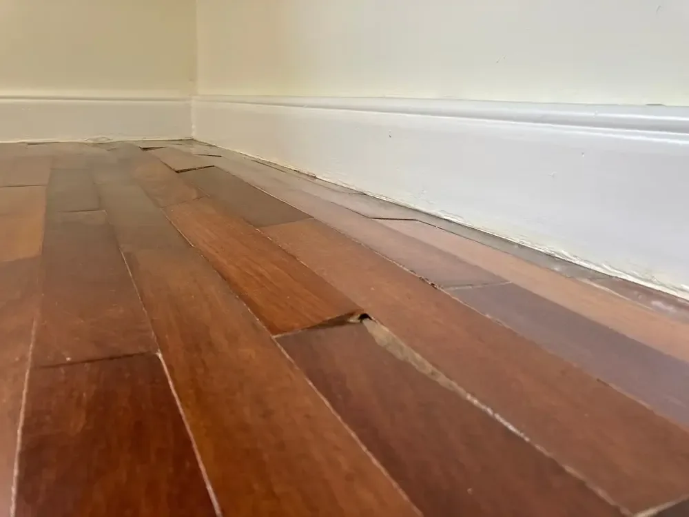 Buckled hardwood boards lifting along a baseboard