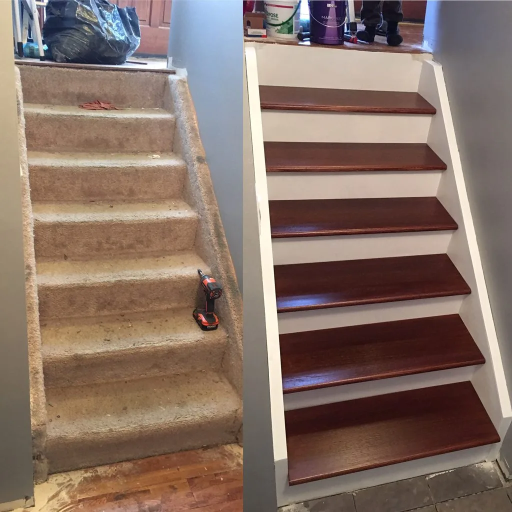 Carpeted staircase before, and the same stairs after with stained hardwood treads and white risers