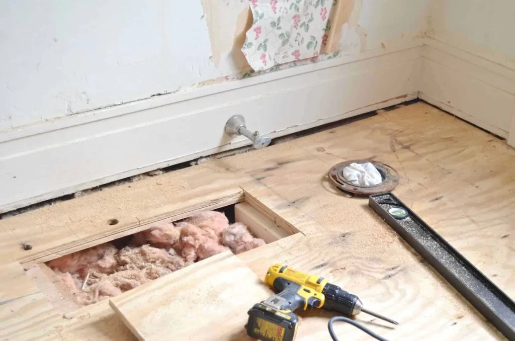 Damaged subfloor section cut out to the joists, with insulation below, a drill and a level